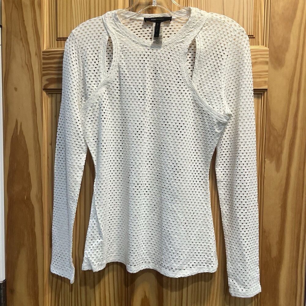 BCBGMAXAZRIA White Open Knit Long Sleeve Top Size Small